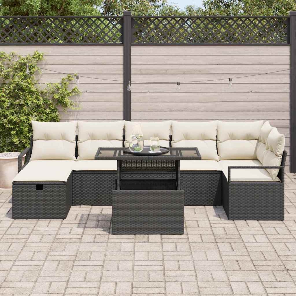 vidaXL Tuinbank Set met kussen met opslag 8 pcs Zwart Poly rattan