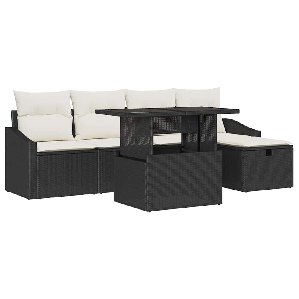 vidaXL Tuinbank Set met kussen met opslag 6 pcs Zwart Poly rattan