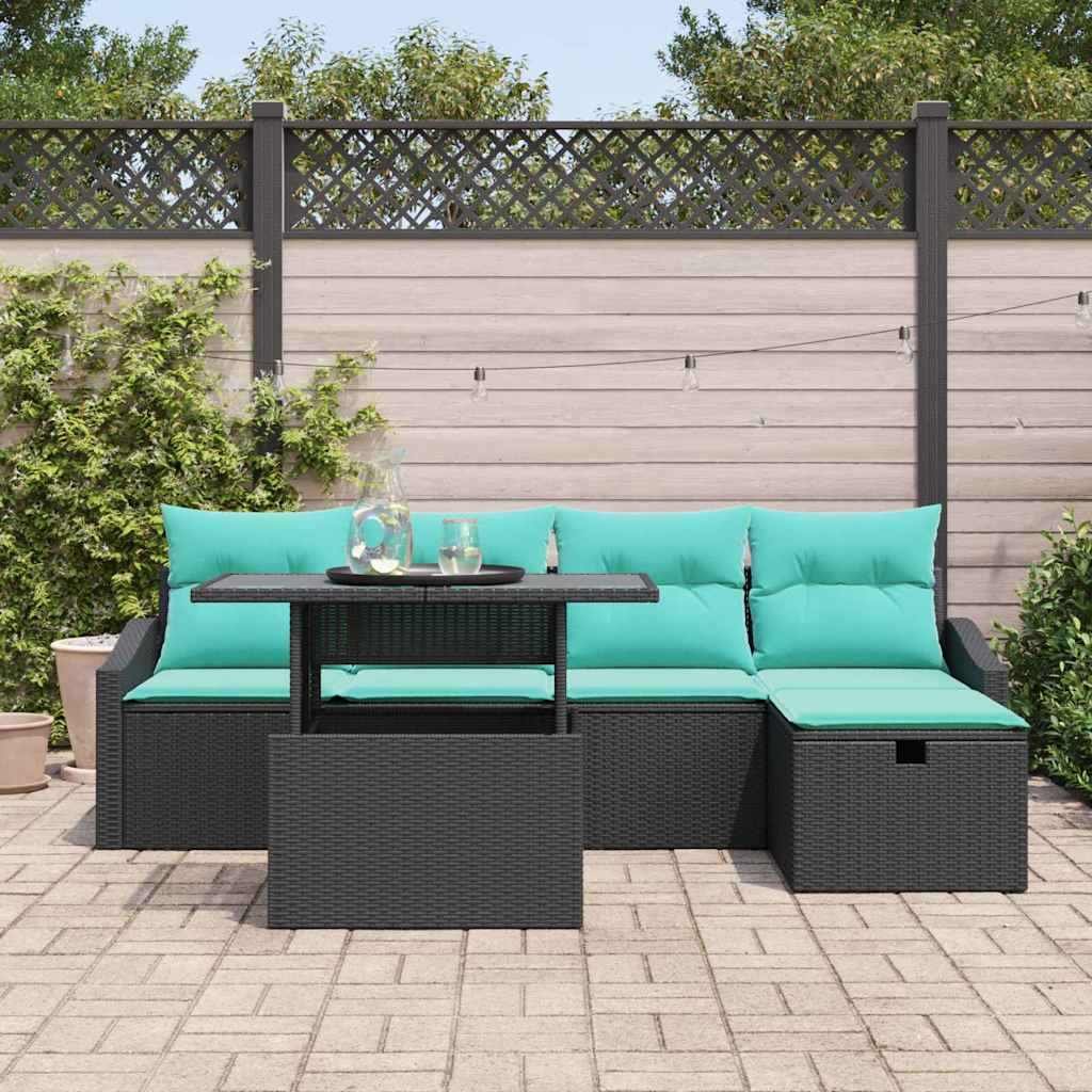 vidaXL Tuinbank Set met kussen met opslag 6 pcs Zwart Poly rattan