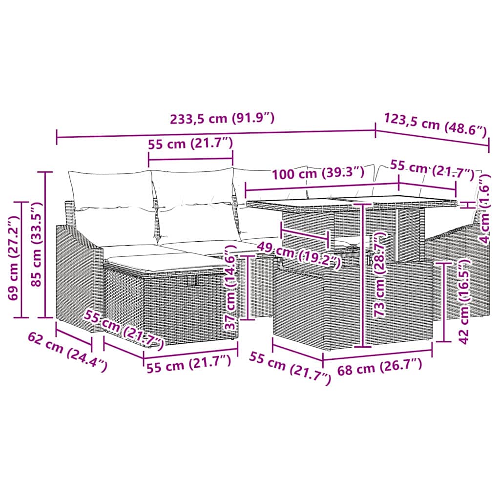 vidaXL Tuinbank Set met kussen met opslag 7 pcs Zwart Poly rattan