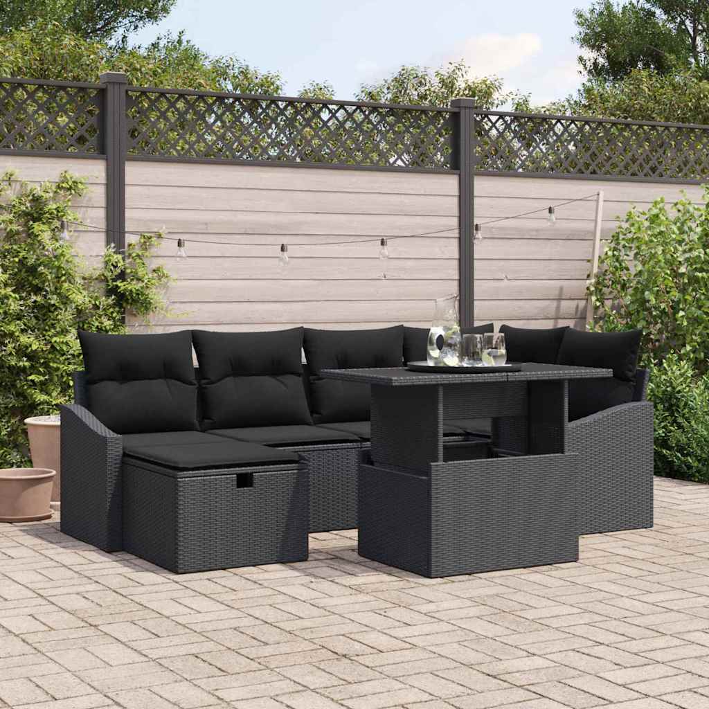 vidaXL Tuinbank Set met kussen met opslag 7 pcs Zwart Poly rattan