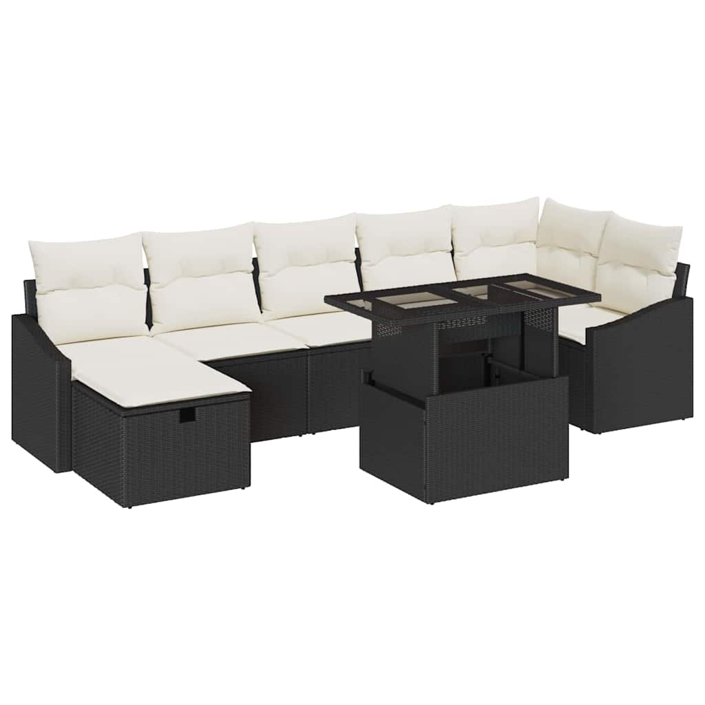 vidaXL Tuinbank Set met kussen met opslag 8 pcs Zwart Poly rattan
