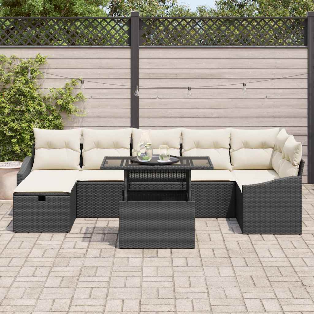 vidaXL Tuinbank Set met kussen met opslag 8 pcs Zwart Poly rattan