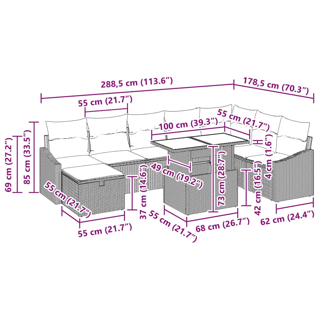 vidaXL Tuinbank Set met kussen met opslag 9 pcs Zwart Poly rattan