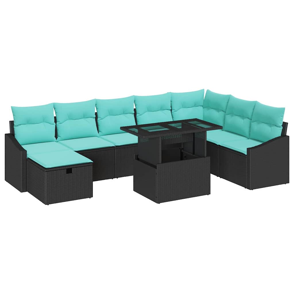 vidaXL Garden Lounge Set with Cushions and Storage 9 pcs Black Poly Rattan
