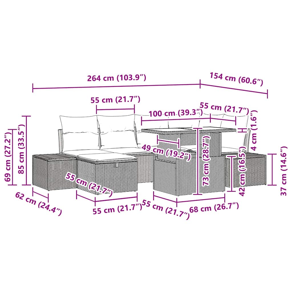 vidaXL Tuinbank Set met kussen met opslag 7 pcs Zwart Poly rattan