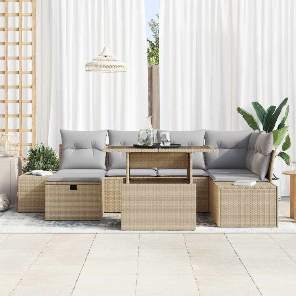 vidaXL Tuinbank Set met kussen met opslag 7 pcs Zwart Poly rattan