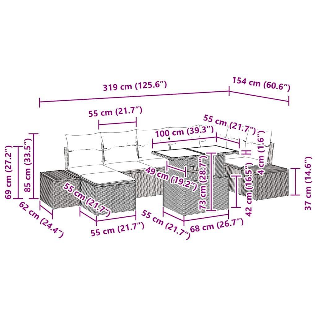 vidaXL Tuinbank Set met kussen met opslag 8 pcs Zwart Poly rattan