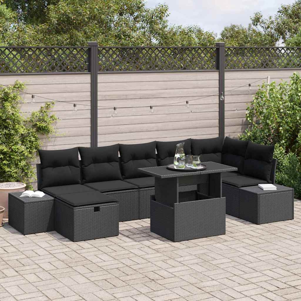 vidaXL Tuinbank Set met kussen met opslag 8 pcs Zwart Poly rattan