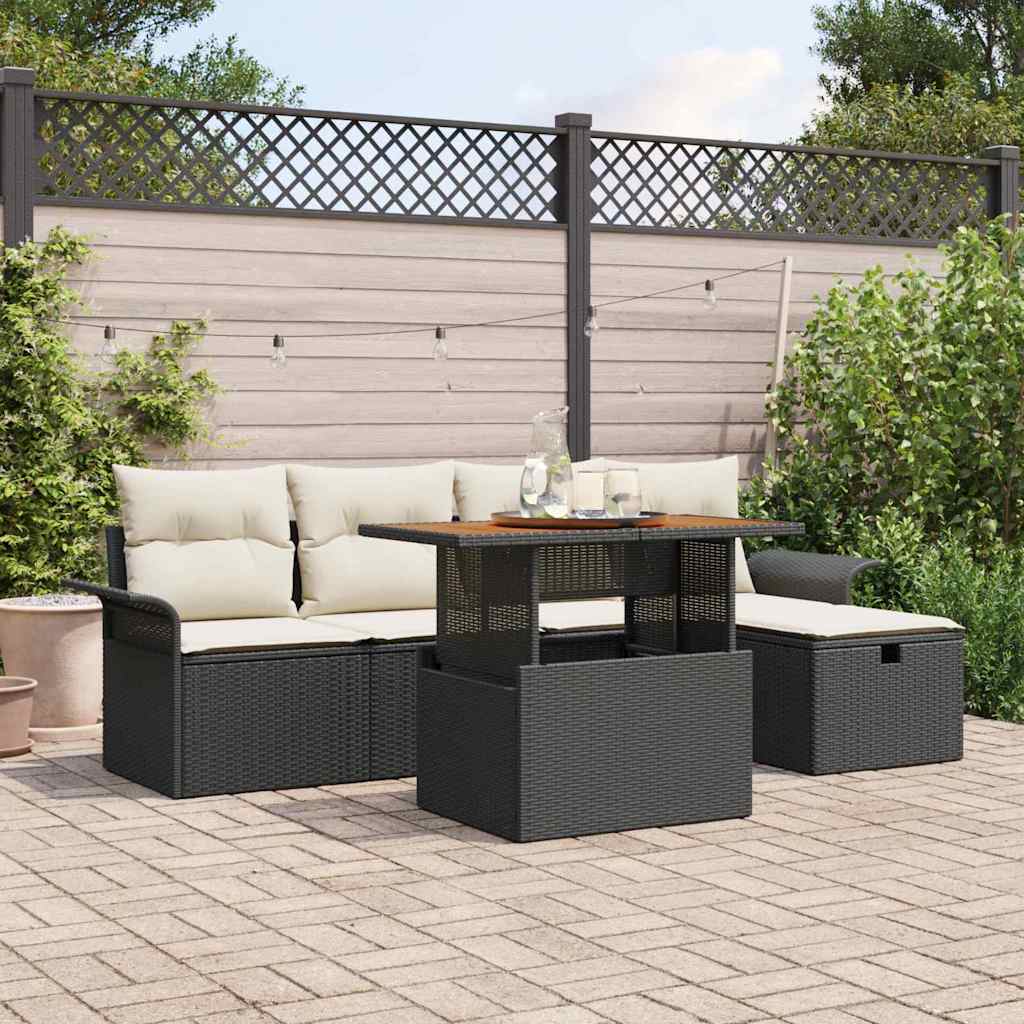 vidaXL Tuinbank Set met kussen met opslag 6 pcs Zwart poly rattan