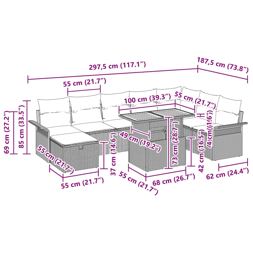 vidaXL Tuinbank Set met kussen met opslag 9 pcs Zwart poly rattan