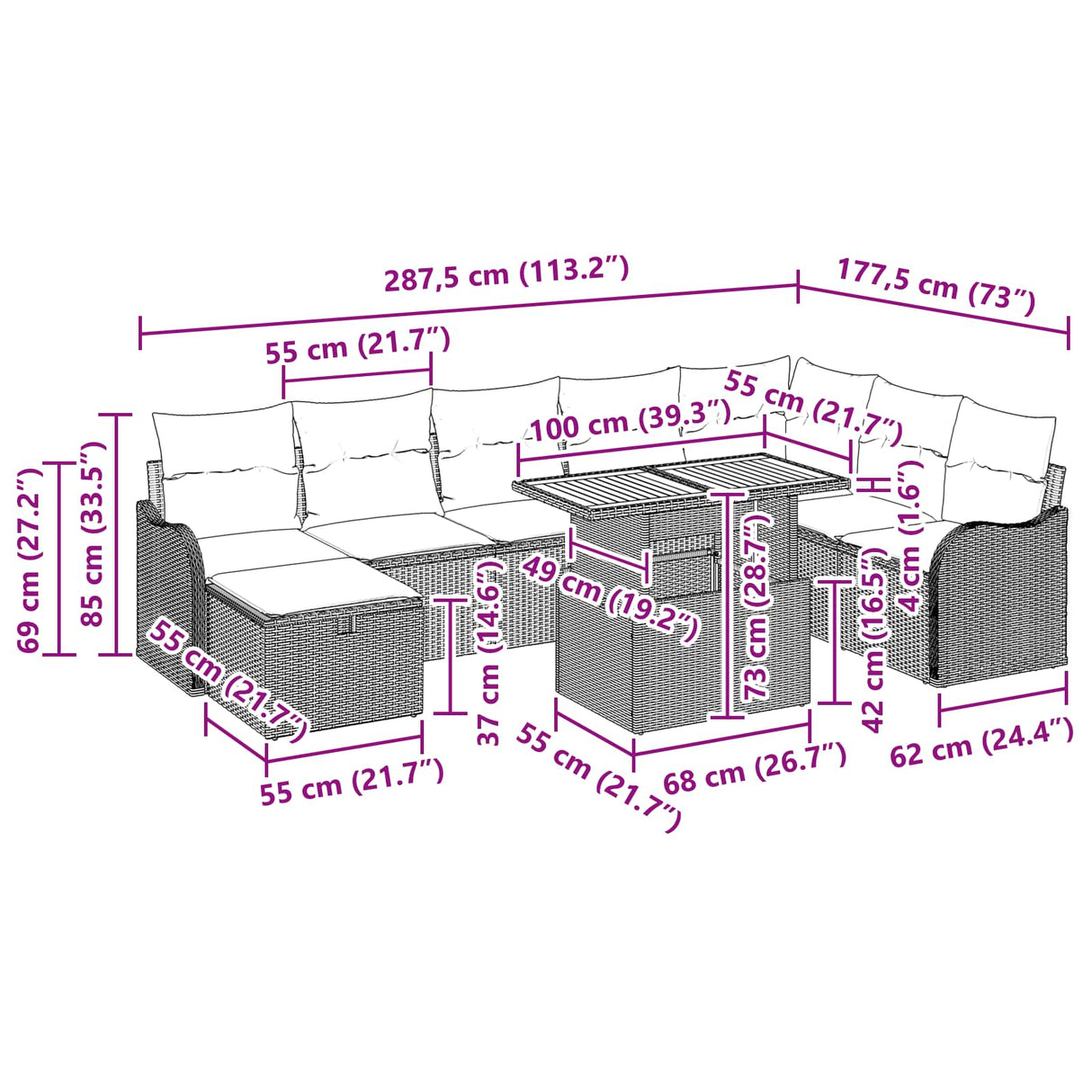 vidaXL Tuinbank Set 9 st Grijs poly rattan