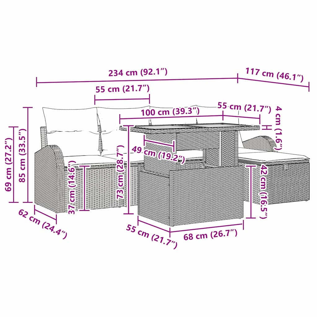 vidaXL Tuinbank Set met kussen met opslag 6 pcs Zwart poly rattan
