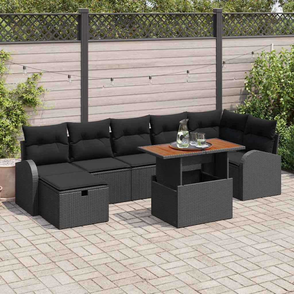 vidaXL Tuinbank Set met kussen met opslag 8 pcs Zwart poly rattan