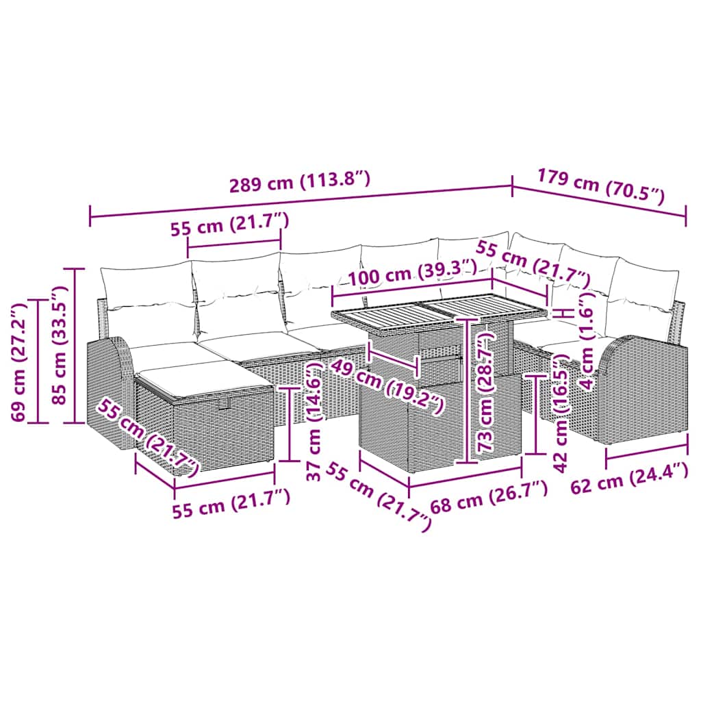 vidaXL Tuinbank Set met kussen met opslag 9 pcs Zwart poly rattan