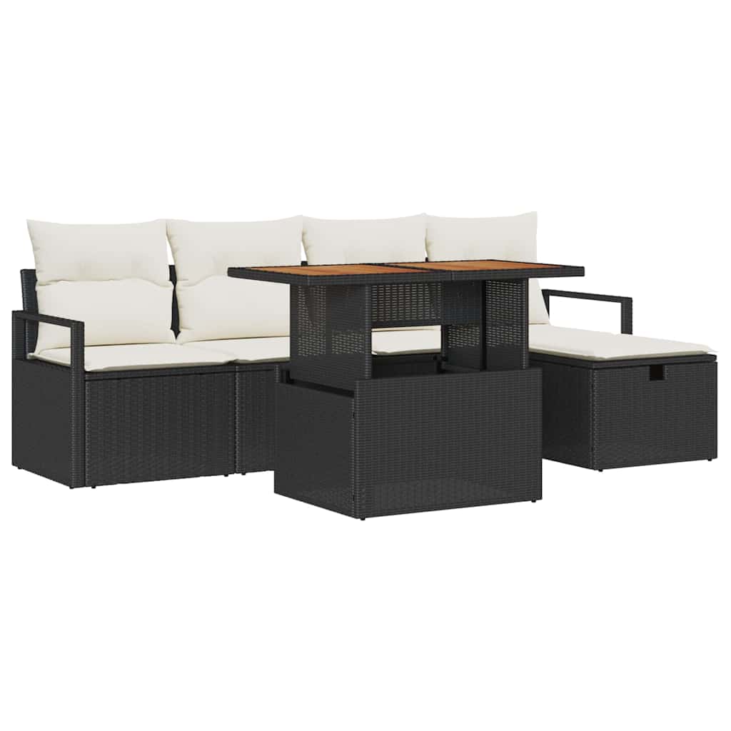 vidaXL Tuinbank Set met kussen met opslag 6 pcs Zwart poly rattan