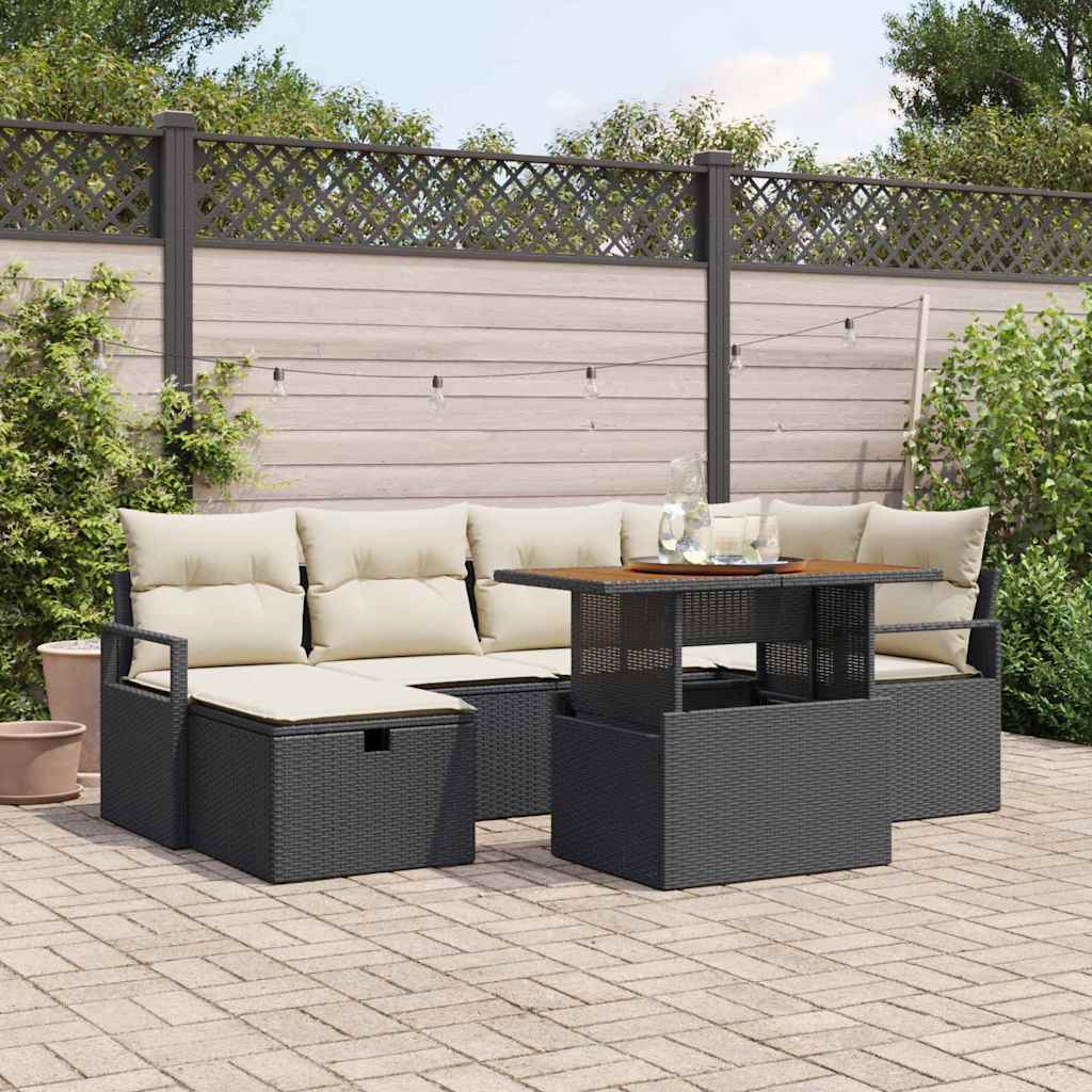 vidaXL Tuinbank Set met kussen met opslag 7 pcs Zwart poly rattan