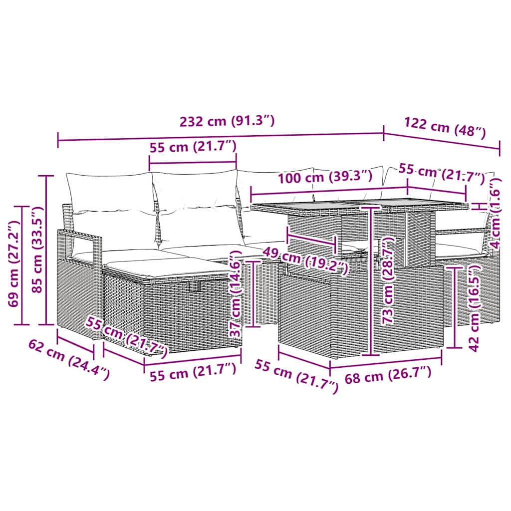 vidaXL Tuinbank Set met kussen met opslag 7 pcs Zwart poly rattan