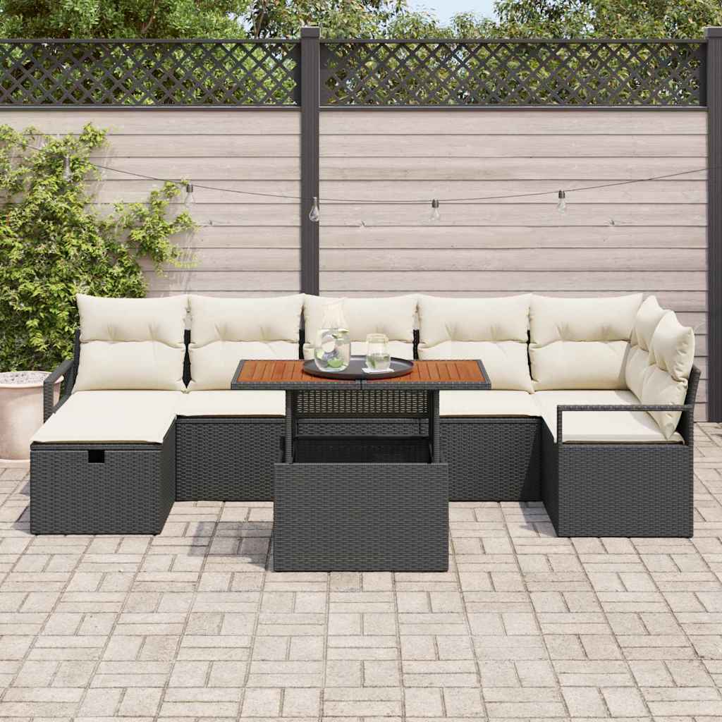 vidaXL Tuinbank Set met kussen met opslag 8 pcs Zwart poly rattan
