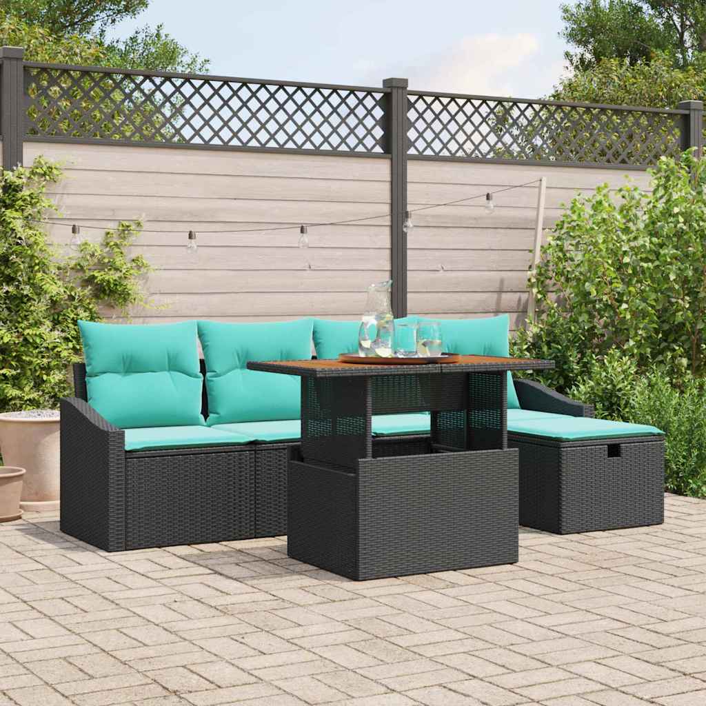 vidaXL Tuinbank Set met kussen met opslag 6 pcs Zwart poly rattan