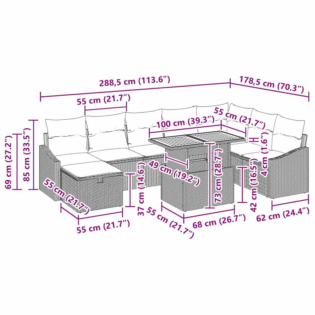 vidaXL Tuinbank Set met kussen met opslag 9 pcs Zwart poly rattan
