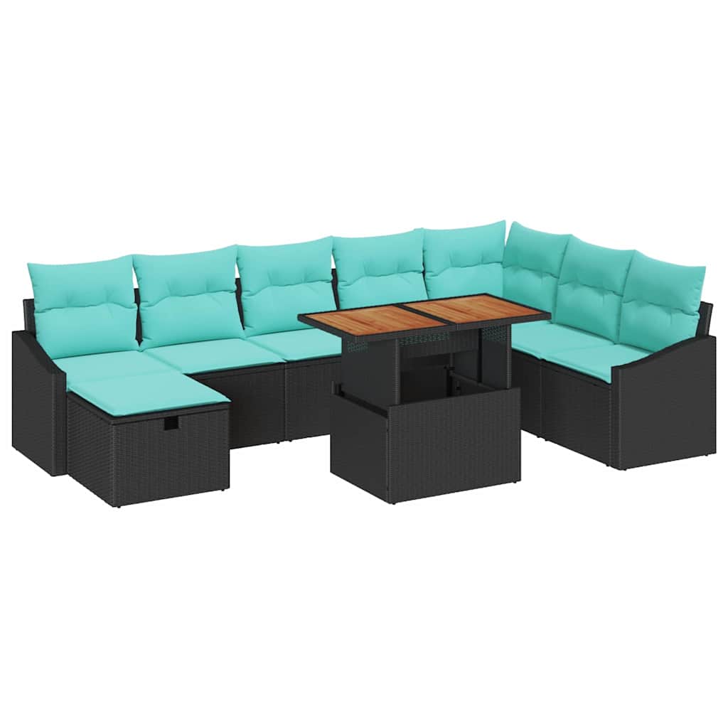 vidaXL Tuinbank Set met kussen met opslag 9 pcs Zwart poly rattan