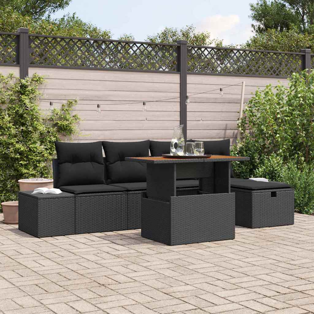 vidaXL Tuinbank Set met kussen met opslag 6 pcs Zwart poly rattan
