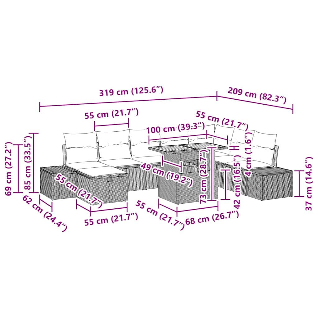 vidaXL Tuinbank Set met kussen met opslag 9 pcs Zwart poly rattan