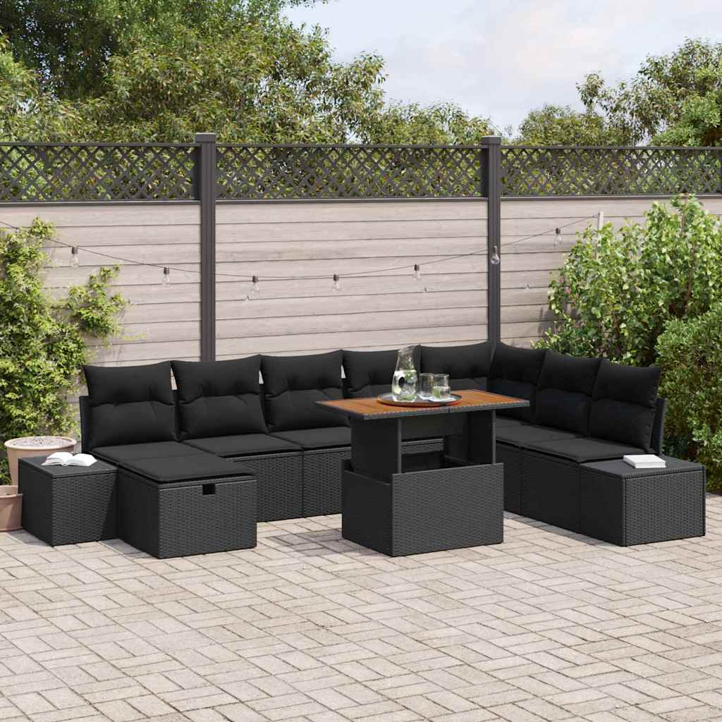 vidaXL Tuinbank Set met kussen met opslag 9 pcs Zwart poly rattan