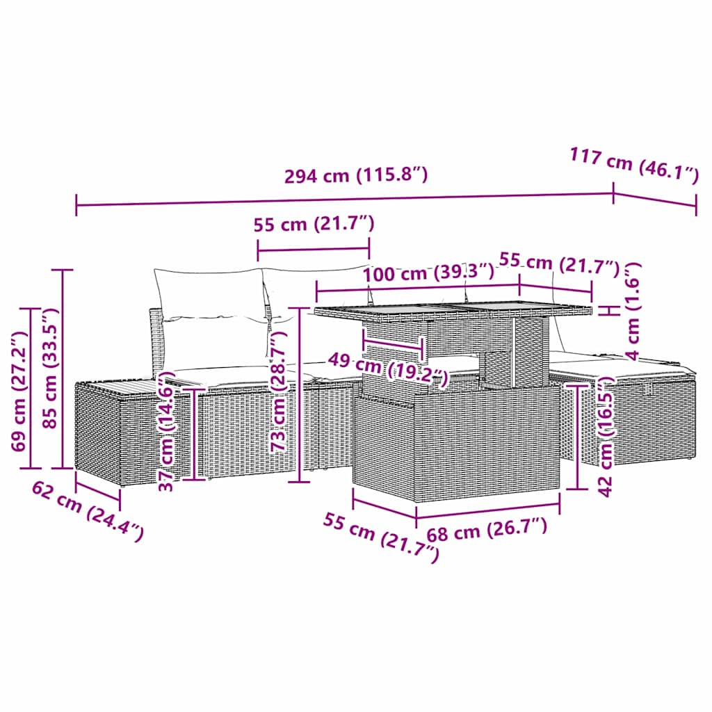 vidaXL Tuinbank Set met kussen met opslag 6 pcs Zwart poly rattan