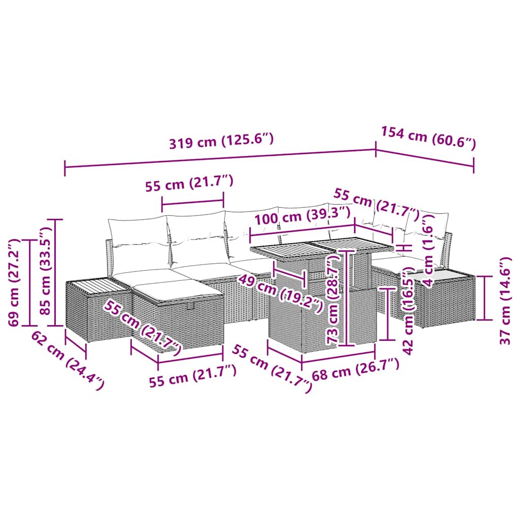 vidaXL Tuinbank Set met kussen met opslag 8 pcs Zwart poly rattan