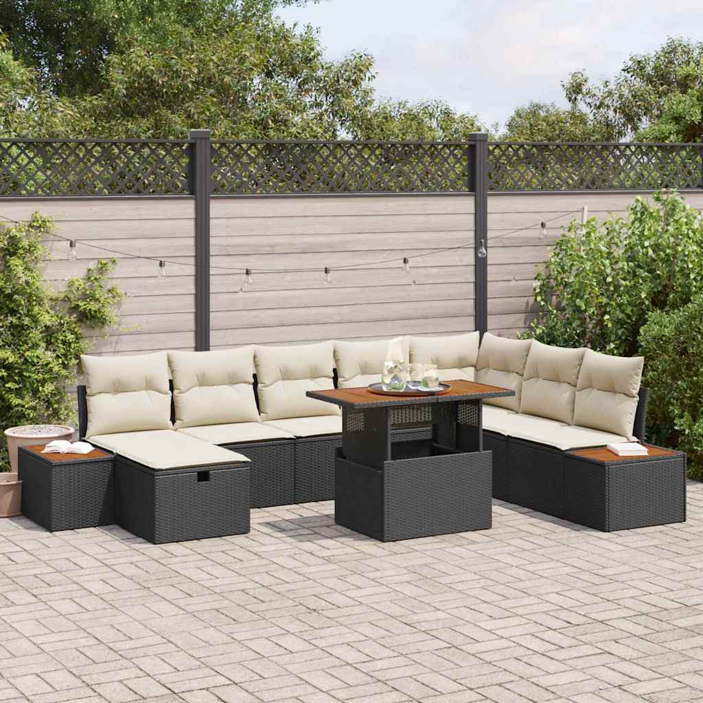 vidaXL Tuinbank Set met kussen met opslag 9 pcs Zwart poly rattan