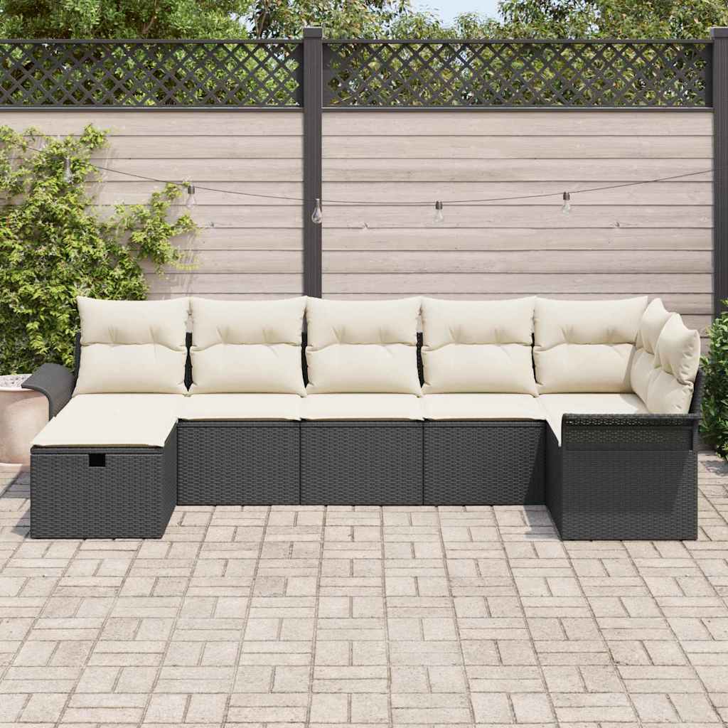 vidaXL Tuinbank Set met kussen met opslag 7 pcs Zwart Poly rattan