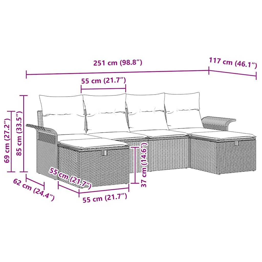 vidaXL Tuinbank Set met kussen met opslag 6 pcs Poly rattan