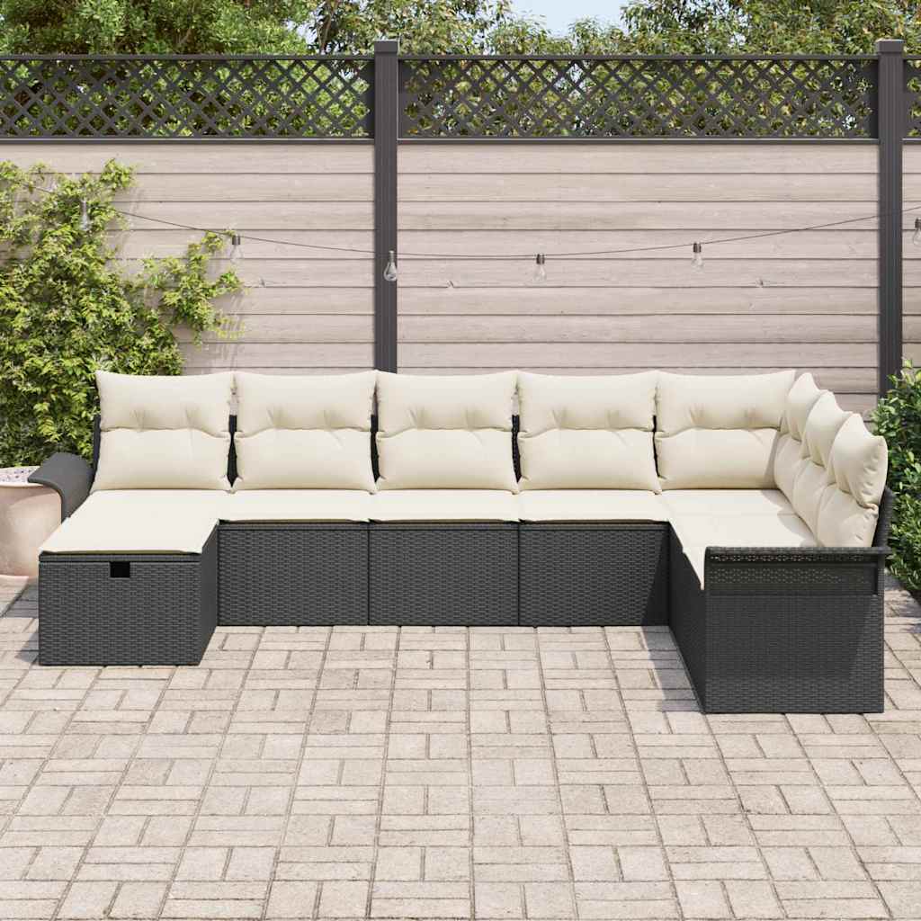 vidaXL Tuinbank Set met kussen met opslag 8 pcs Zwart Poly rattan