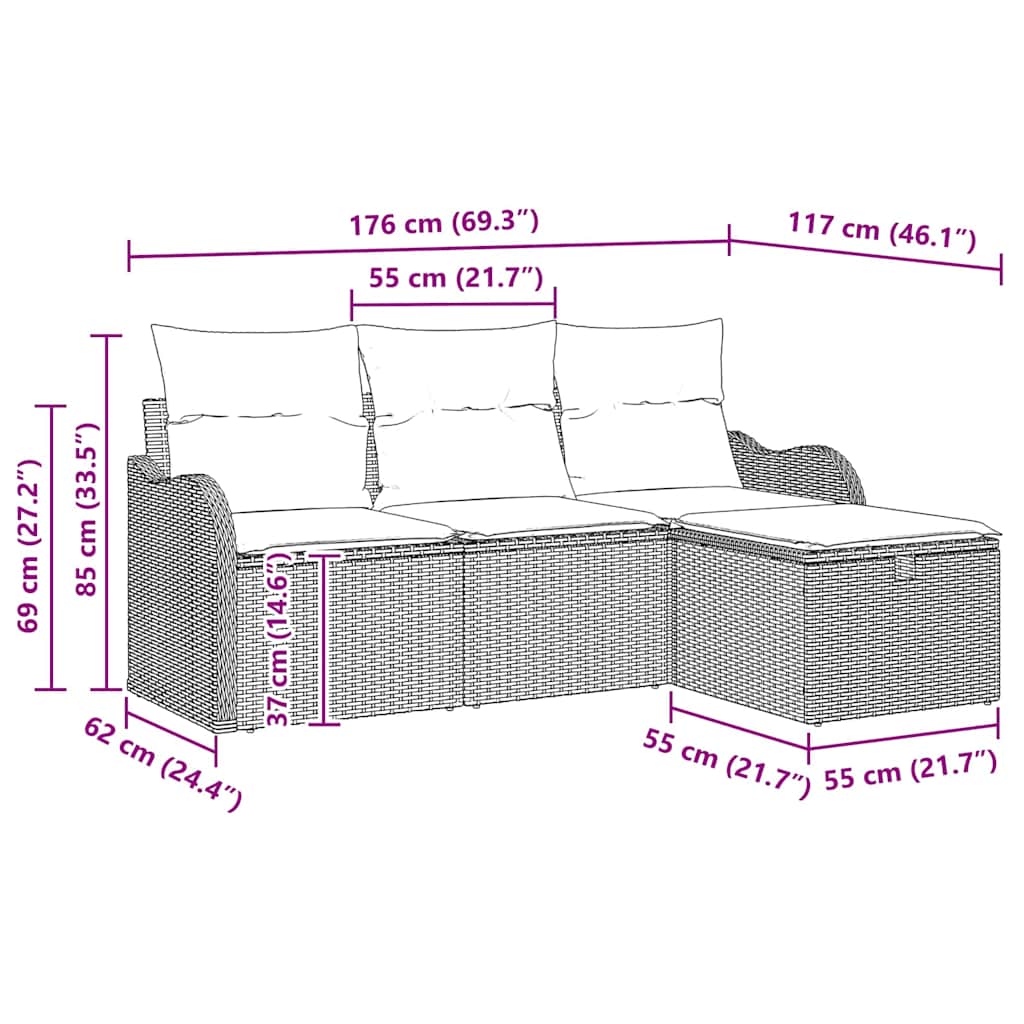 vidaXL Tuinbank Set met kussen met opslag 4 pcs Poly rattan