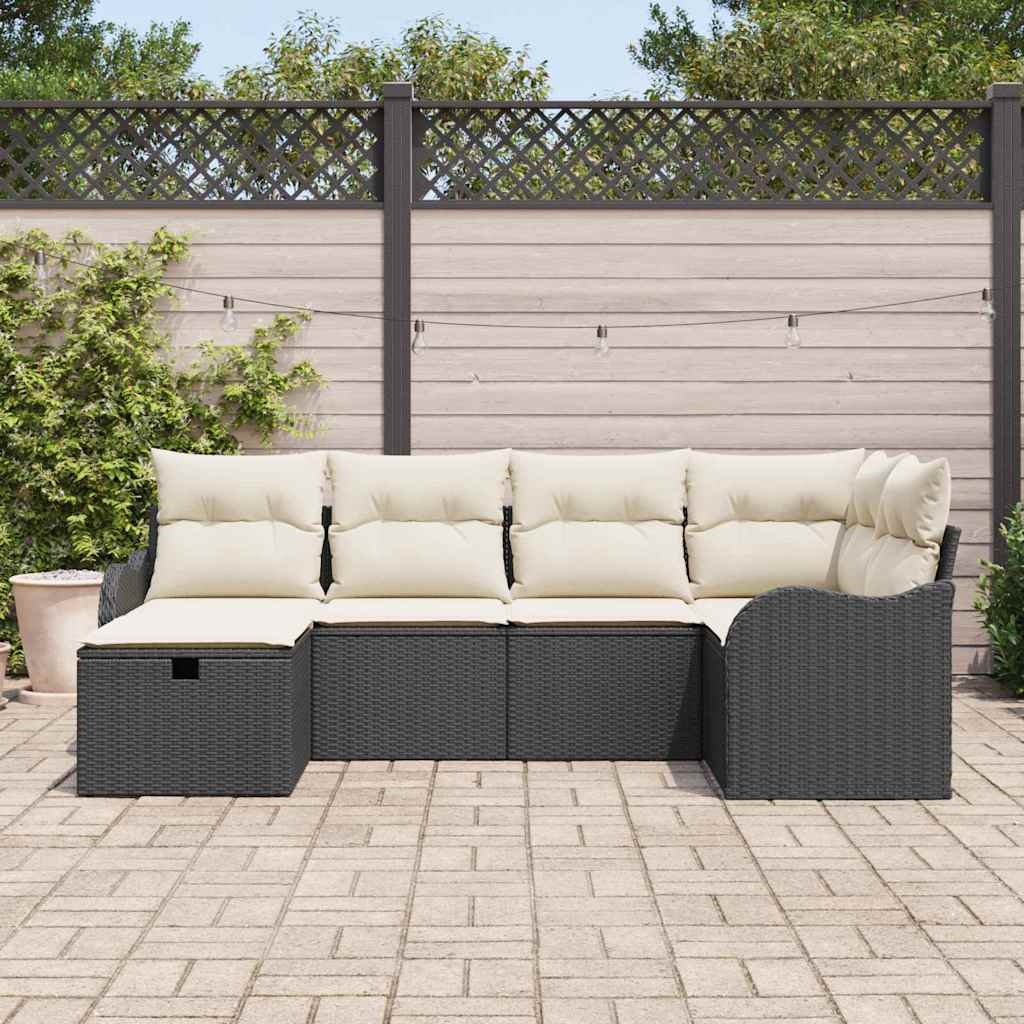 vidaXL Tuinbank Set met kussen met opslag 6 pcs Zwart Poly rattan