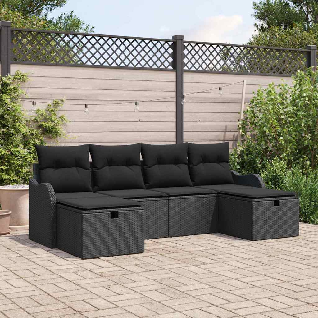 vidaXL Tuinbank Set met kussen met opslag 6 pcs Zwart Poly rattan