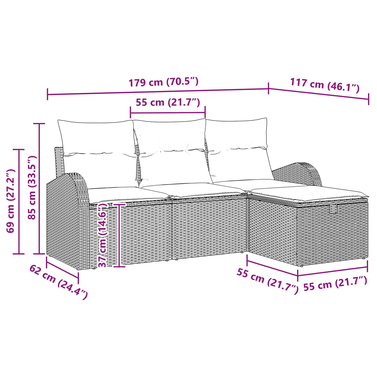 vidaXL Tuinbank Set met kussen met opslag 4 pcs Bruin poly rattan