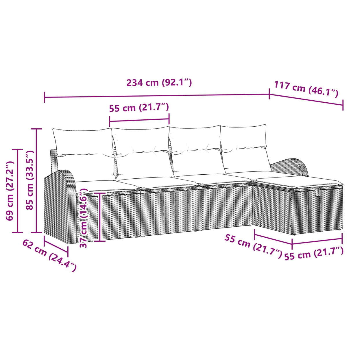 vidaXL Tuinbank Set met kussen met opslag 5 pcs Bruin poly rattan