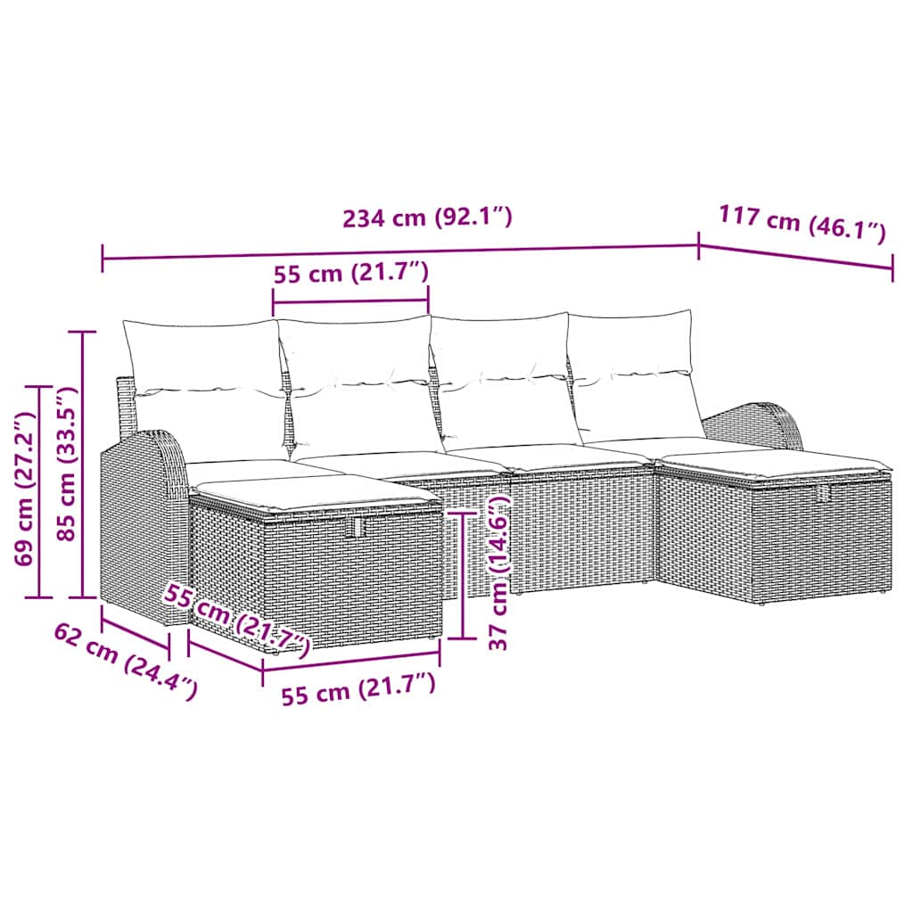 vidaXL Tuinbank Set met kussen met opslag 6 pcs Zwart Poly rattan