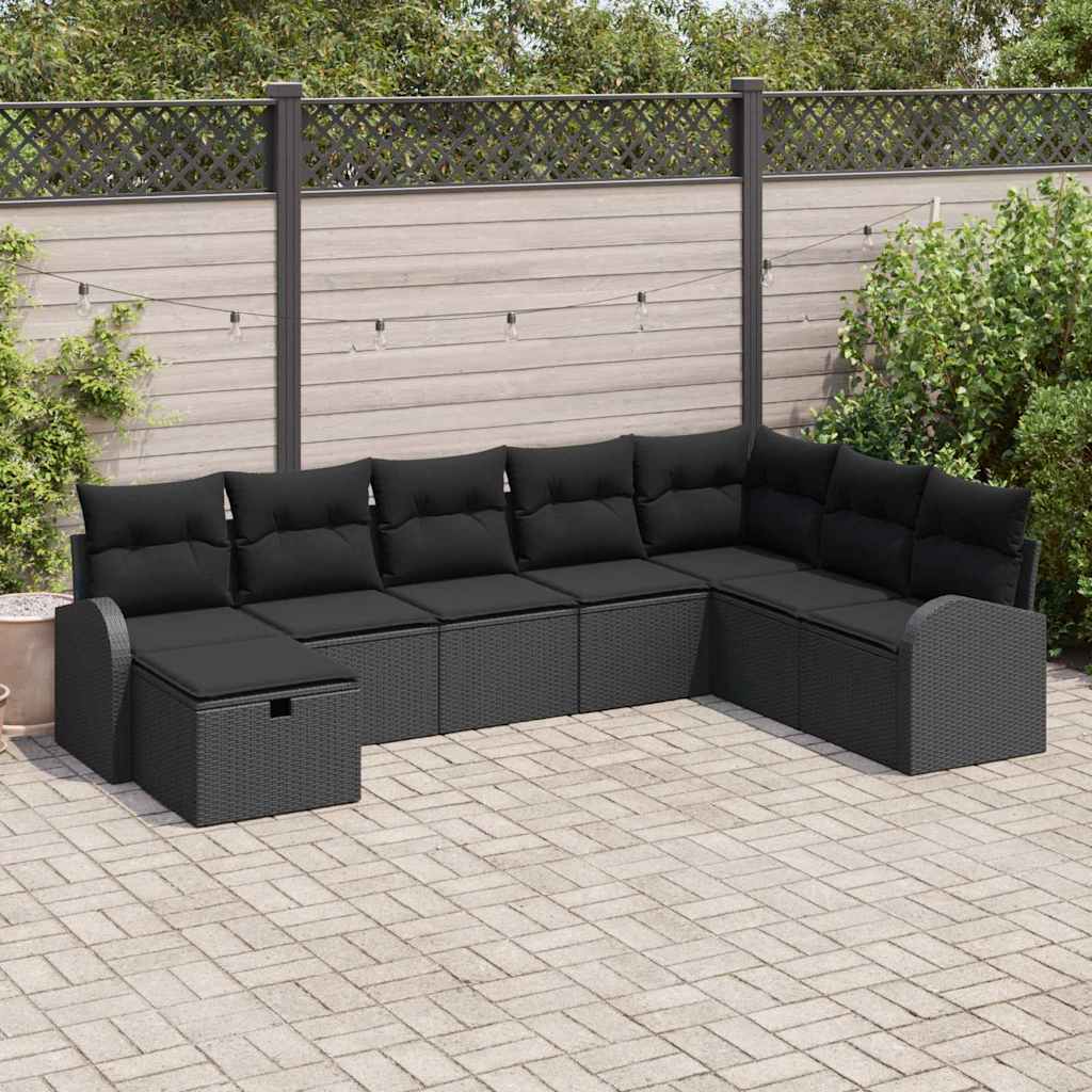 vidaXL Tuinbank Set met kussen met opslag 8 pcs Zwart Poly rattan