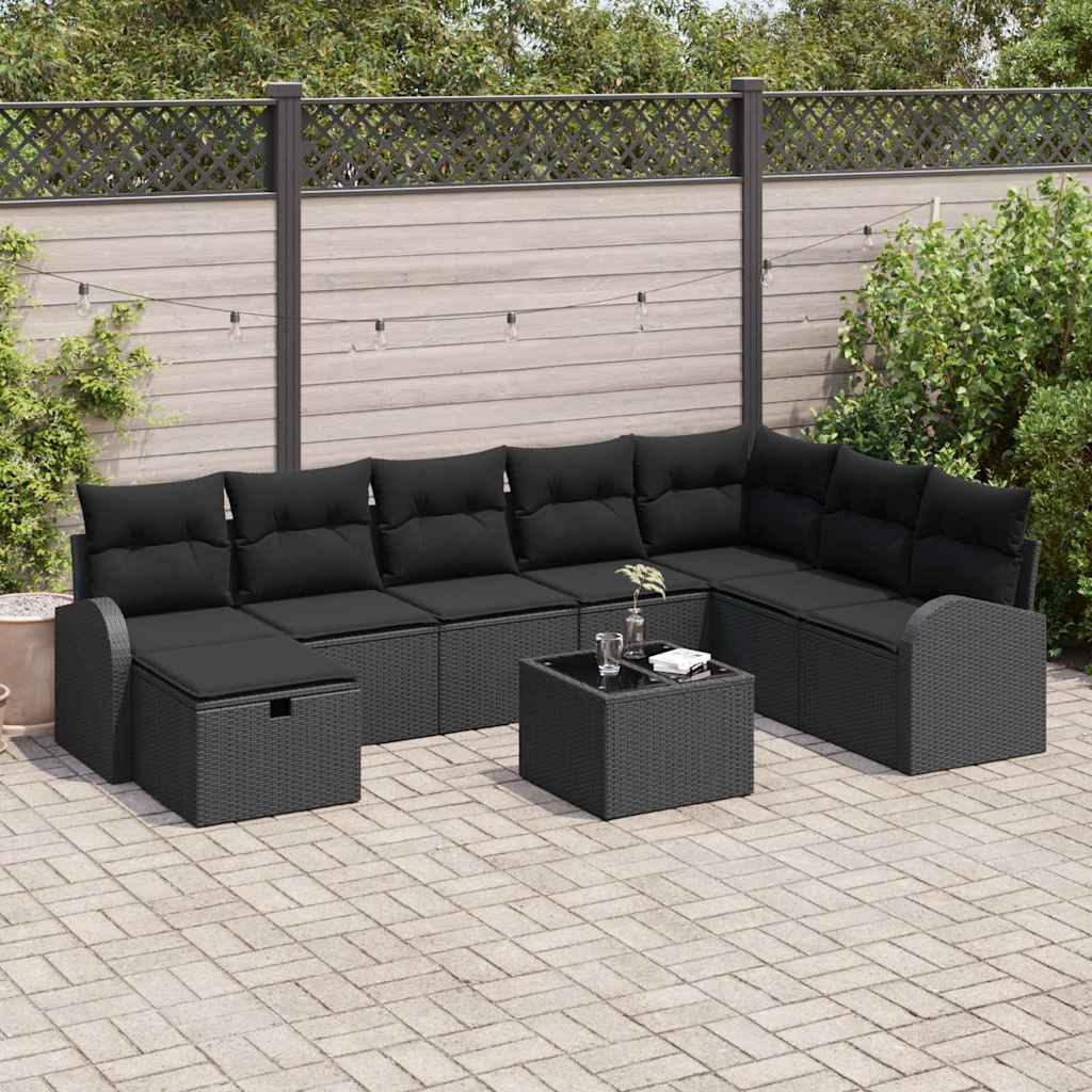 vidaXL Tuinbank Set met kussen met opslag 8 pcs Zwart Poly rattan