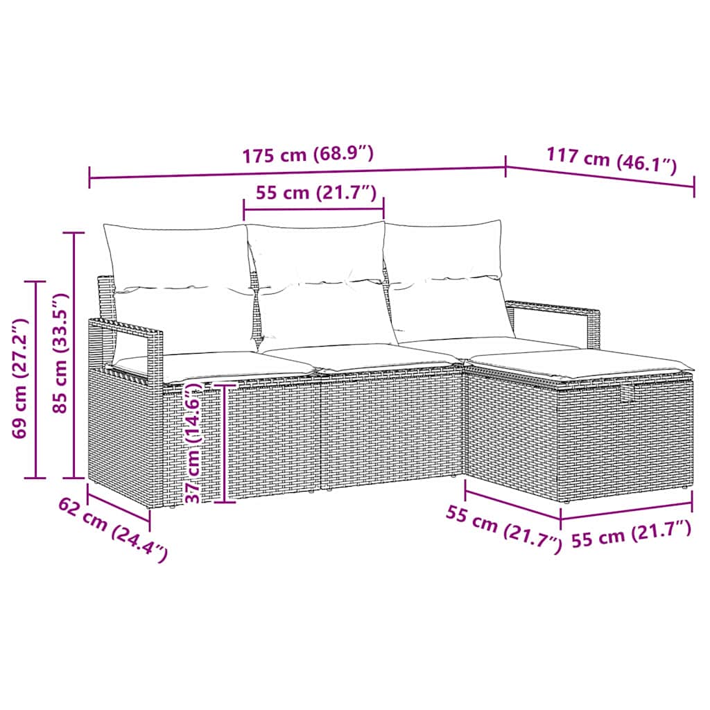 vidaXL Tuinbank Set met kussen met opslag 4 pcs Zwart Poly rattan