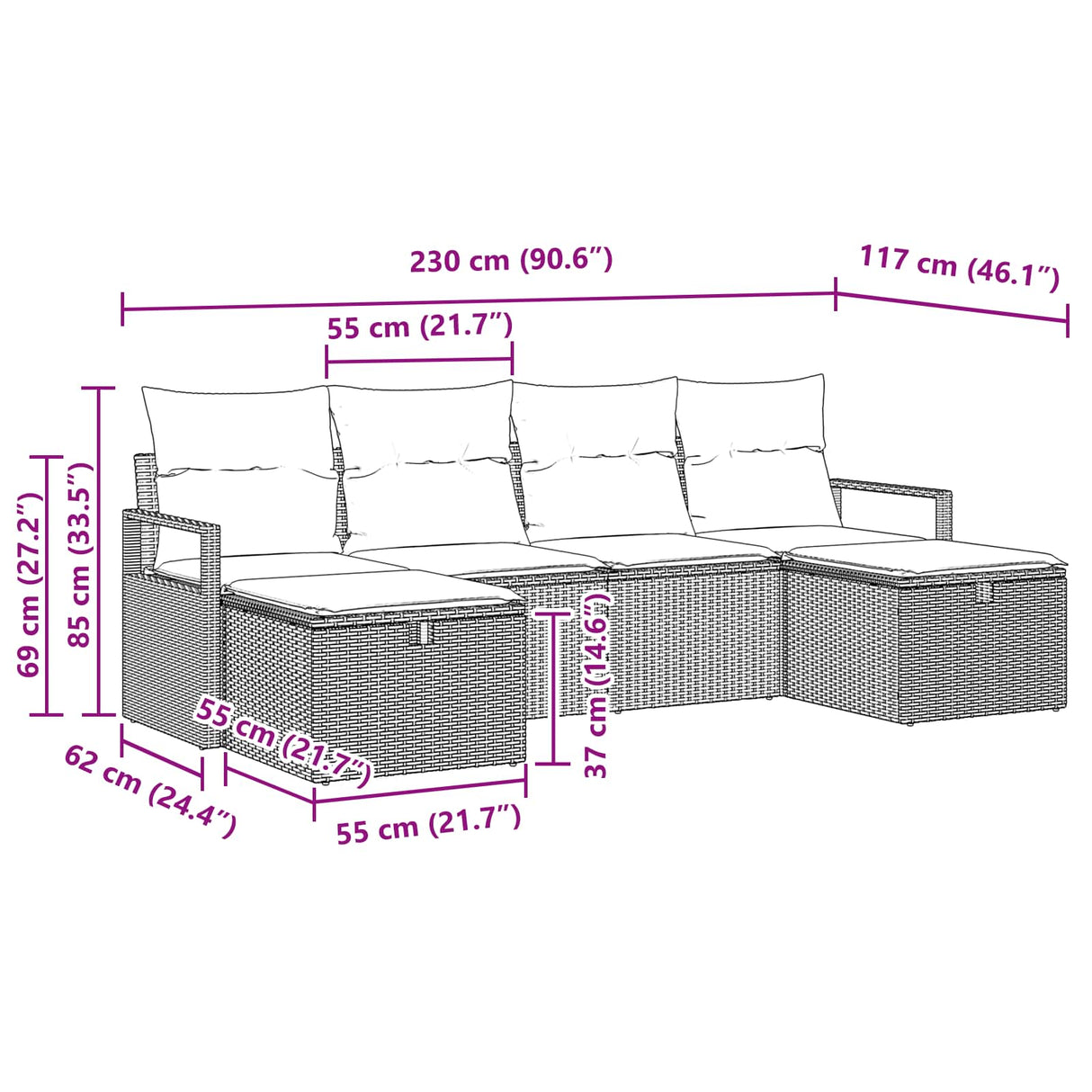 vidaXL Sofa Set with Cushions 5 pcs Poly Rattan