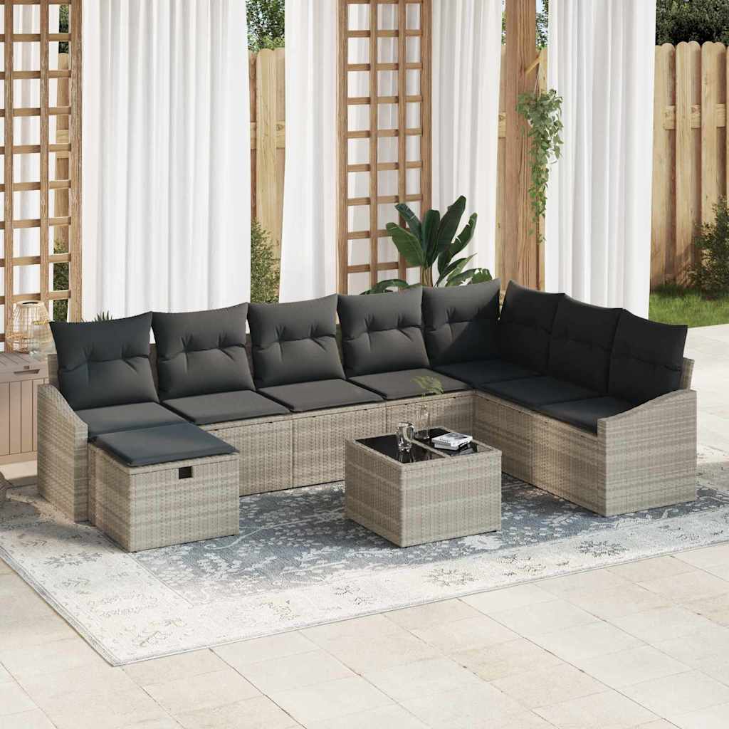 vidaXL Bankstel met kussen 9 pcs poly rattan