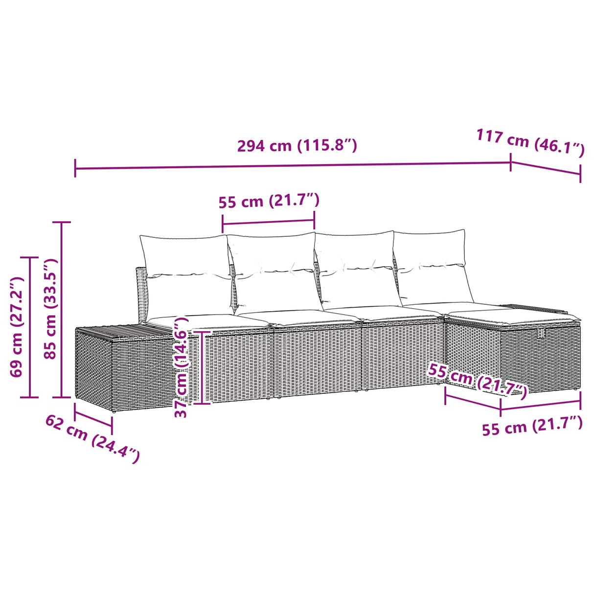 vidaXL Bankstel 4 st poly rattan