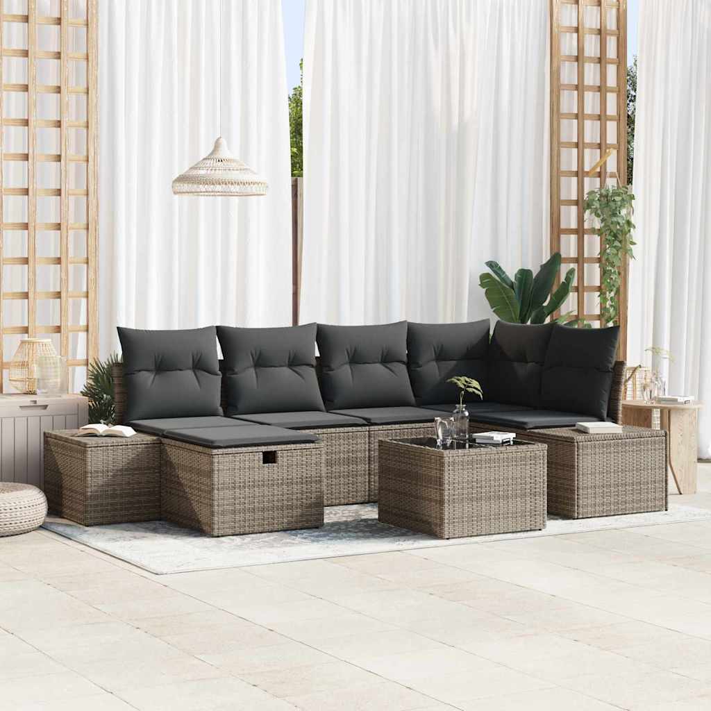 vidaXL Bankstel met kussen 7 pcs poly rattan