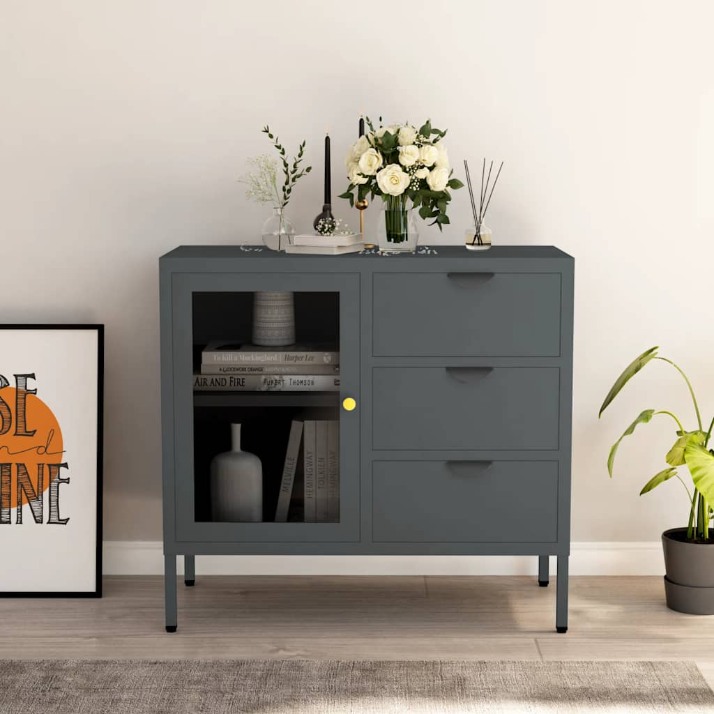 vidaXL Dressoir 75x35x70 cm staal en gehard glas zwart