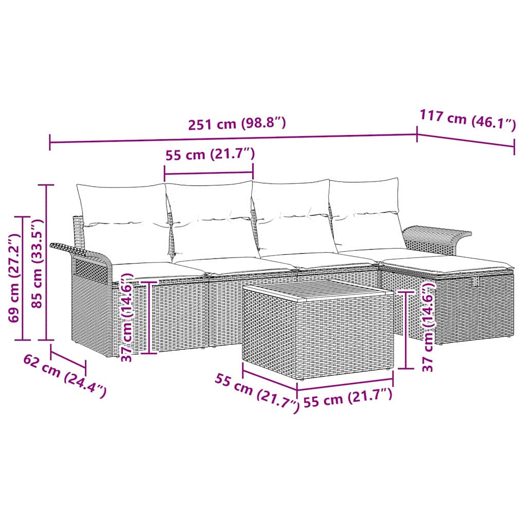 vidaXL Tuinbank Set met kussen met opslag 6 pcs Zwart Poly rattan
